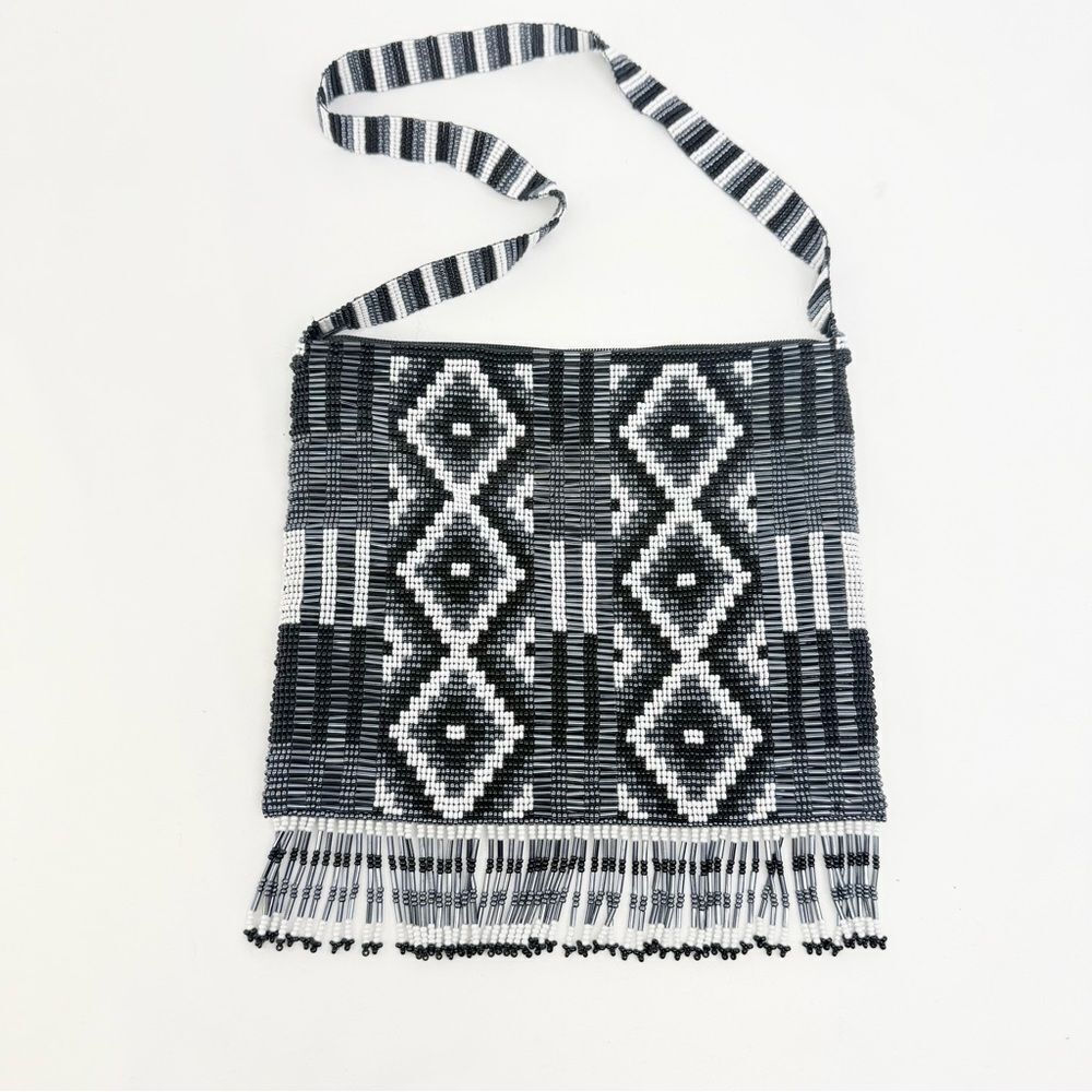 Boutique Black White Sparkle Beaded Tribal Ethnic Southwestern Design Hand Bag